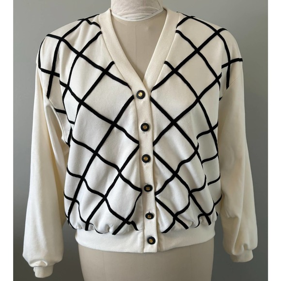 St. John Sport By Marie Gray Button V-Neck Lined Cardigan Blue Cream Y2K Medium - Picture 1 of 3